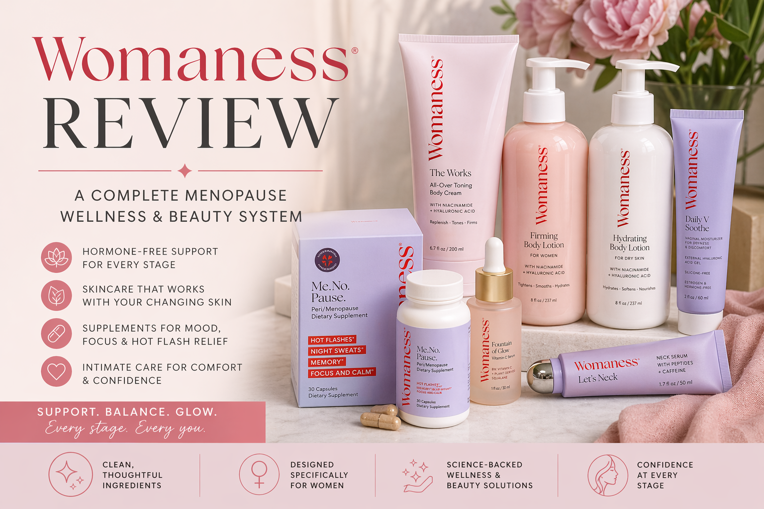 womaness review menopause skincare supplements vaginal moisturizer vitamin c serum neck firming products